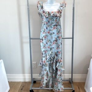 SALE! Majorelle S long blue ruffled dress, w/orange pink & yellow floral print